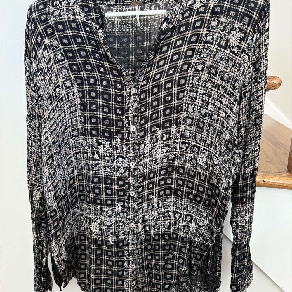 Free People Black & White Printed Button-Down Shirt